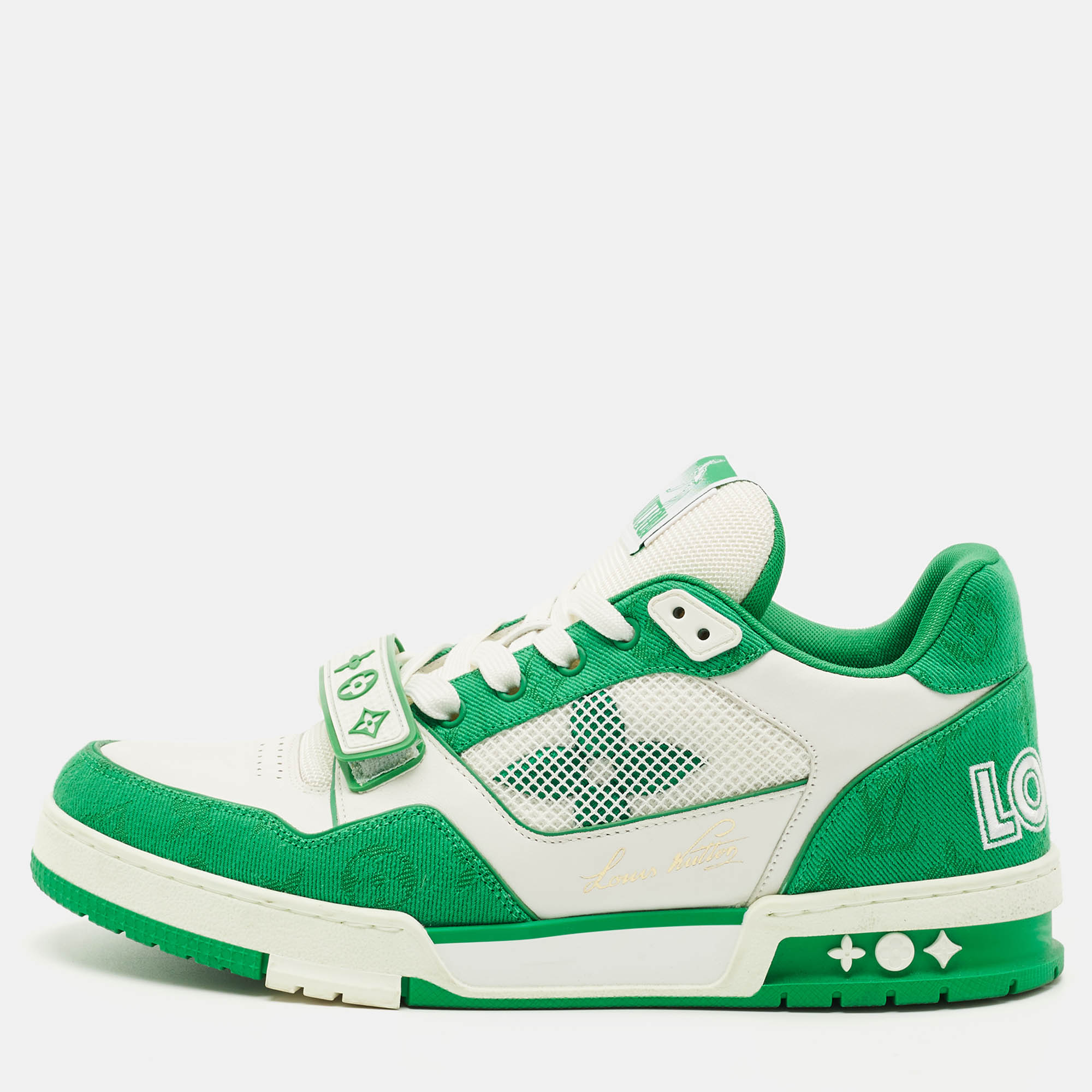 

Louis Vuitton Green/White Monogram Denim and Leather LV Trainer Sneakers Size 42