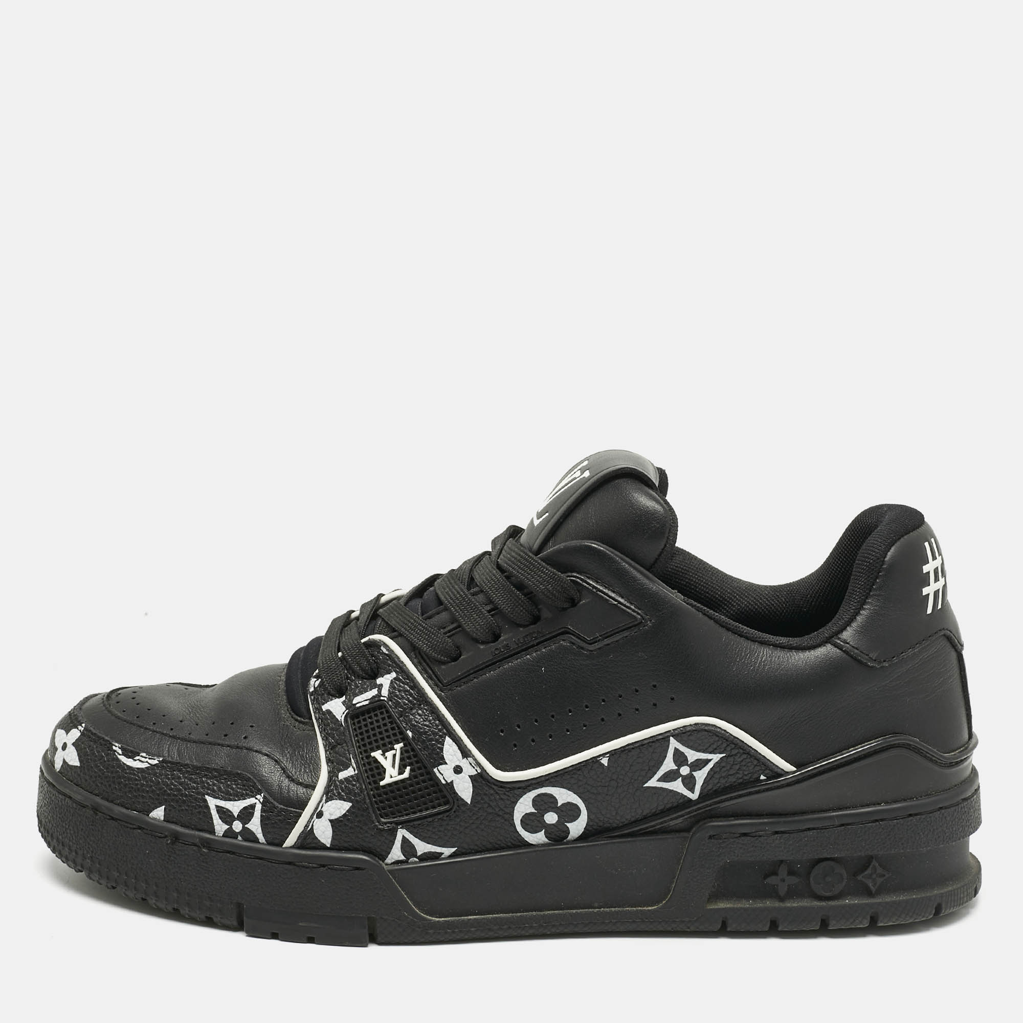 Pre-owned Louis Vuitton Black Monogram Leather Lv Trainer Sneakers Size 40
