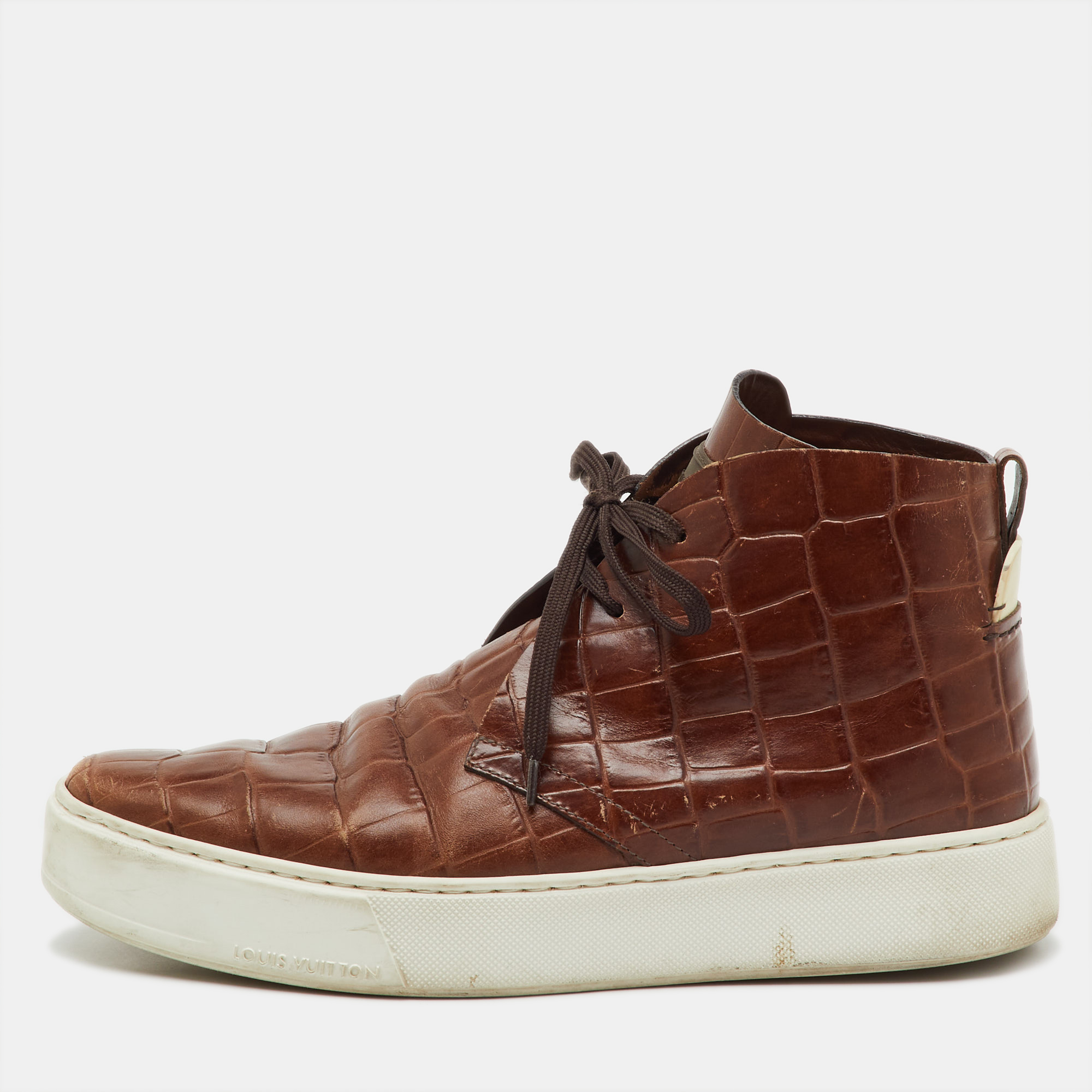 Louis Vuitton Brown Croc Embossed Leather Front Row High Top Sneakers Size 41