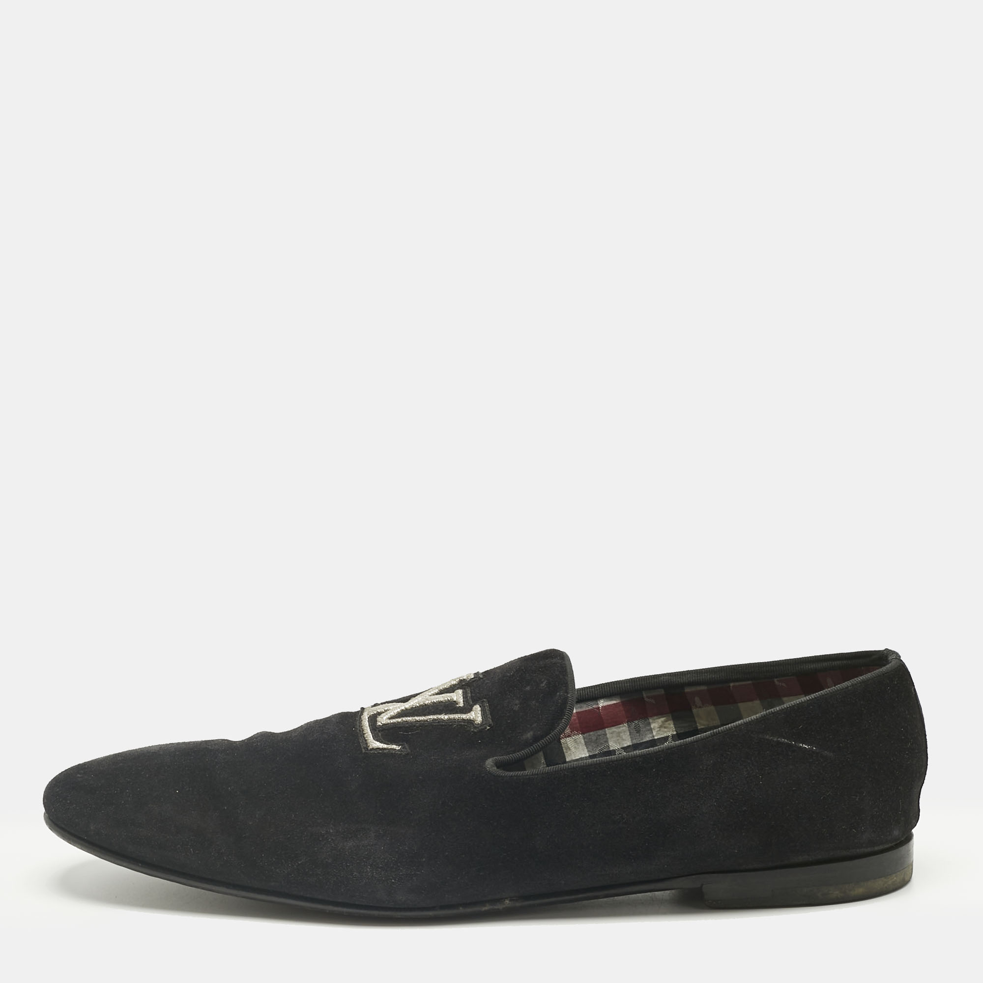 Pre-owned Louis Vuitton Black Suede Lv Logo Embroidered Smoking Slippers Size 46