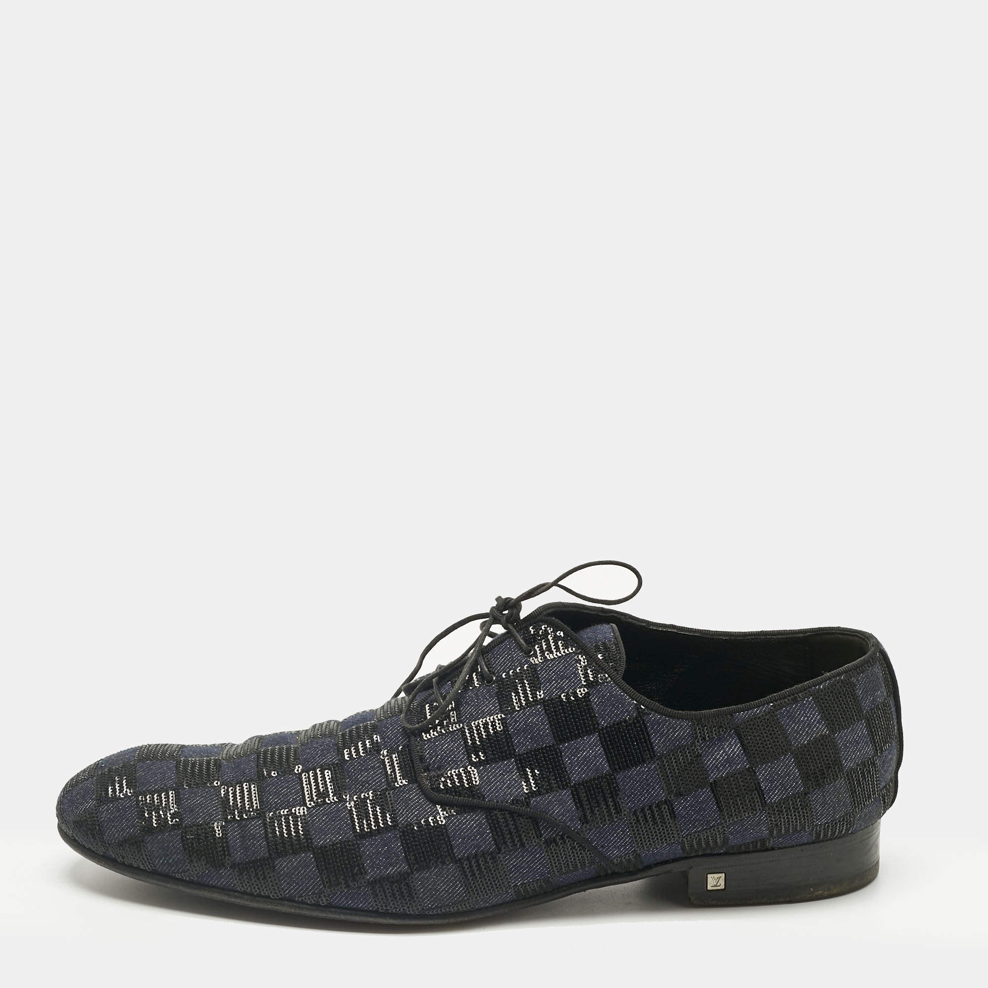 Pre-owned Louis Vuitton Blue/black Denim And Sequins Damier Lace Up Derby Size 45