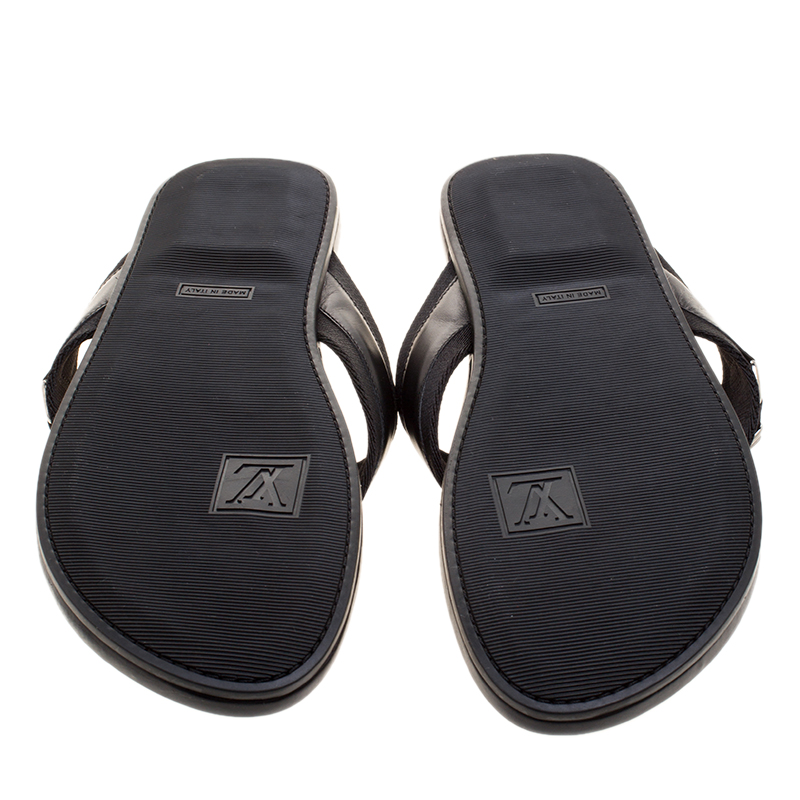 Louis Vuitton Black Fabric and Leather Hamptons Thong Sandals Size 44