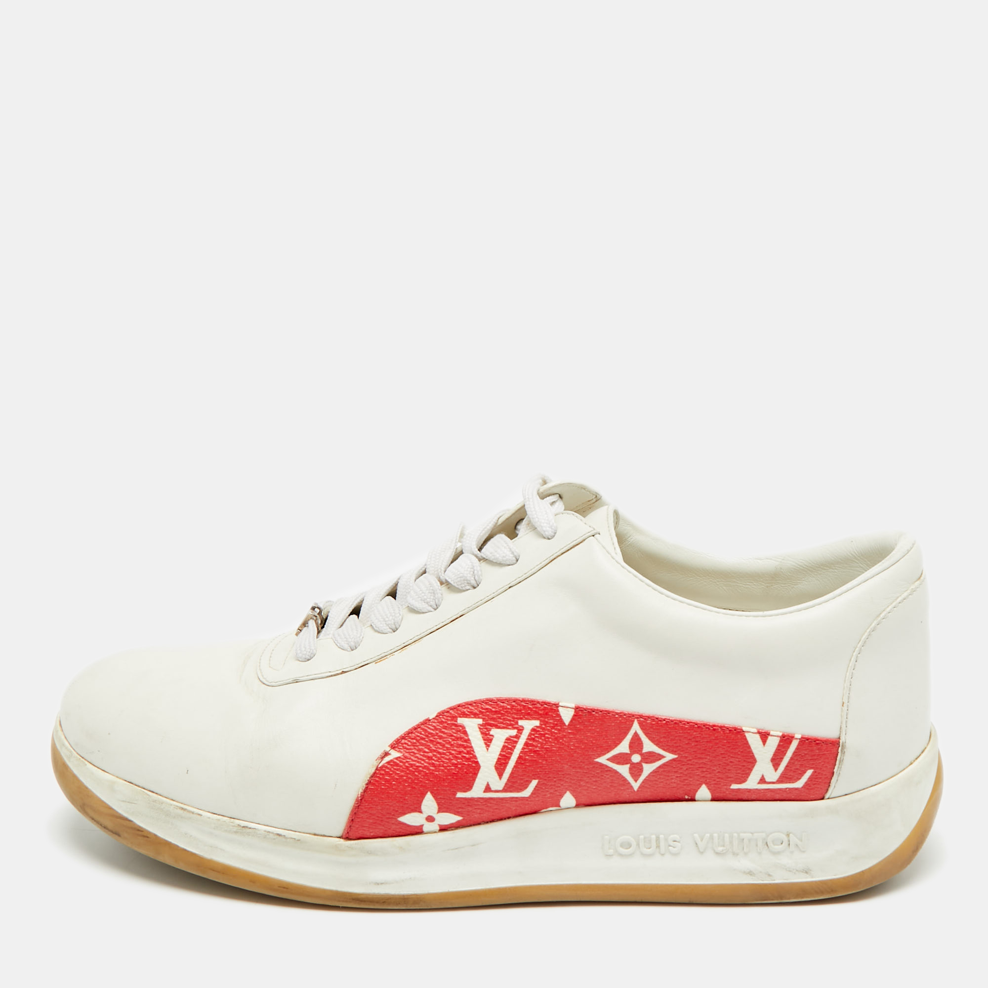 

Louis Vuitton x Supreme Size 42 White/Red Monogram Canvas and Leather Lace Up Sneakers