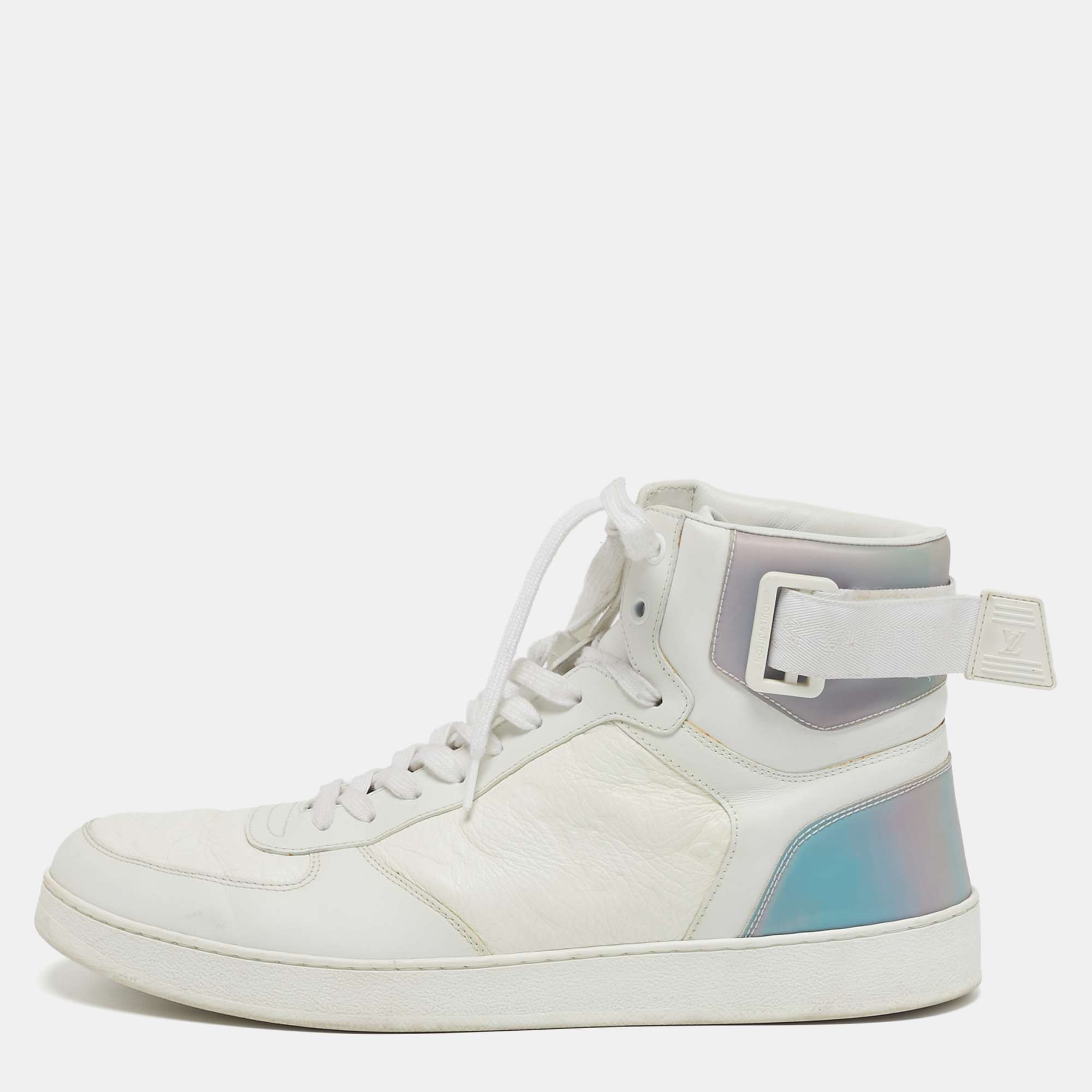 

Louis Vuitton Rivoli Size 42.5 White Iridescent and Leather High Top Sneakers