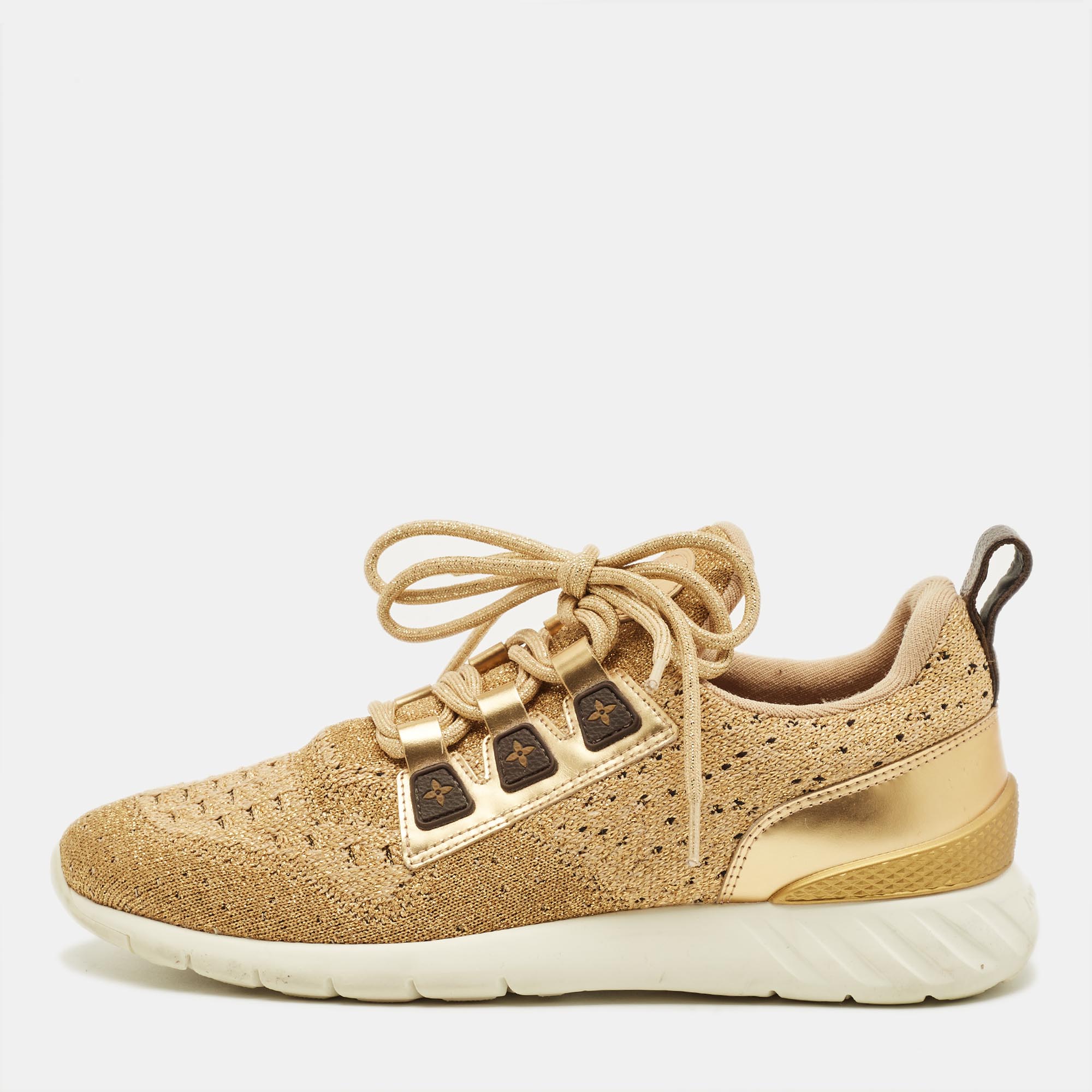 

Louis Vuitton Aftergame Size  Gold Leather and Lurex Fabric Lace Up Sneakers