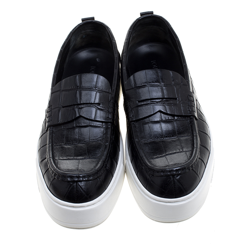 Louis Vuitton Black Croc Embossed Leather Slip on Sneakers Size