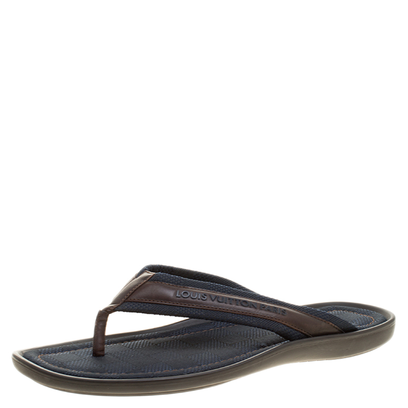 Pre Owned Louis Vuitton Two Tone Damier Canvas and Leather Thong Sandals Size 43.5