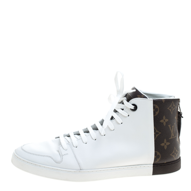Louis Vuitton White Leather and Monogram Canvas High Top Sneakers Size ...
