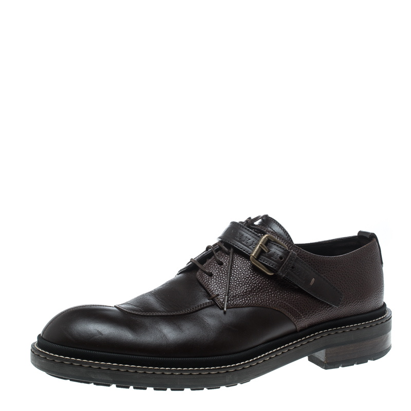 Pre Owned Louis Vuitton Brown Leather Lace Up Buckle Detail Oxfords Size 42.5