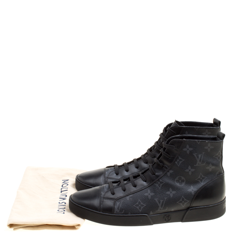 Louis Vuitton Black Leather Monogram Canvas High Top Sneakers Men's Size 9