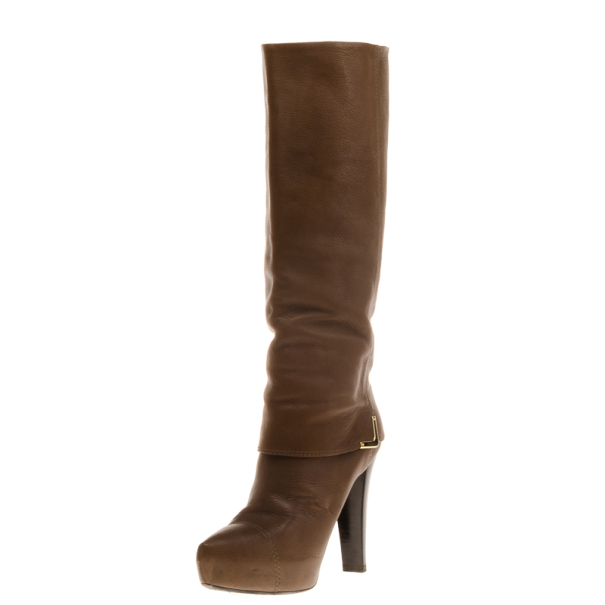 مملوكة مسبقًا Louis Vuitton Brown Leather Queen Mid Calf Boots Size 39.5