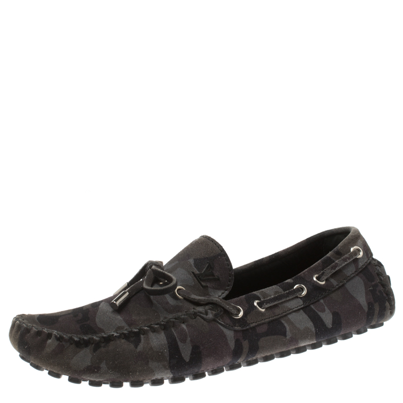Pre Owned Louis Vuitton Grey Camouflage Print Suede Arizona Loafers Size 42