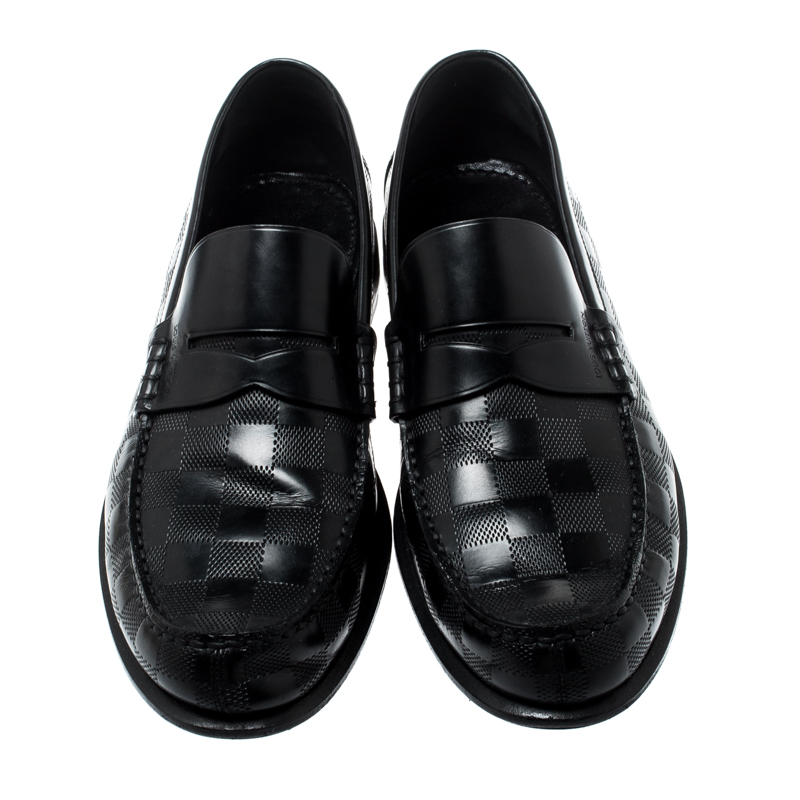 LOUIS VUITTON Leather Damier Loafers Men's Black Shoes Size UK9 ☆ US10 ☆  EU44
