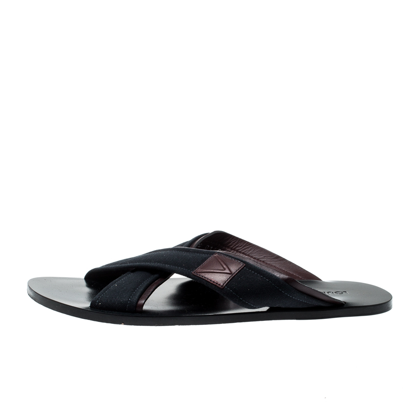 

Louis Vuitton Blue Canvas And Brown Leather Trim Cross Strap Flat Slides Size