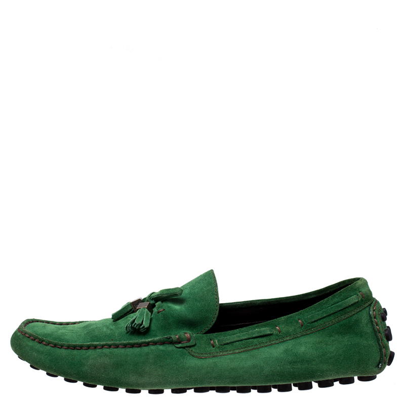 green suede loafers