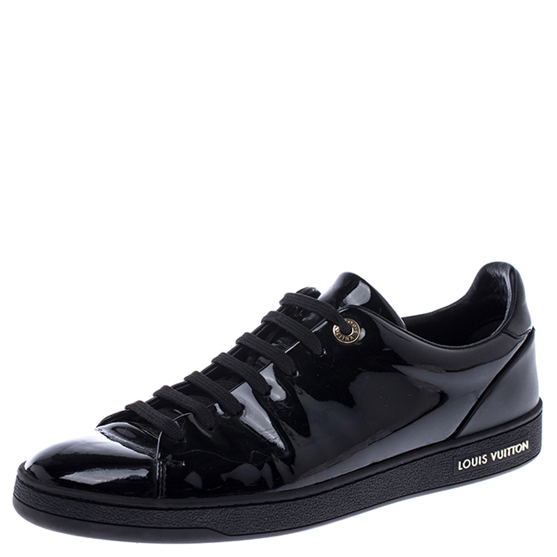 Louis Vuitton Black Patent Leather Frontrow Low Top Lace Up Sneakers Size 39.5