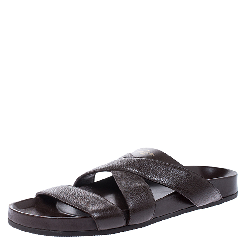 Pre Owned Louis Vuitton Brown Textured Leather Cross Strap Flat Slides Size 42.5