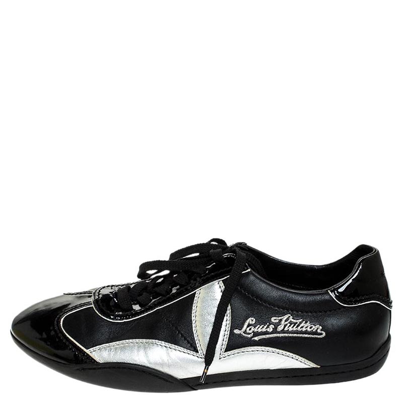 Pre-owned Louis Vuitton Black/silver Patent Leather And Leather Low Top Lace Up Sneakers Size 41
