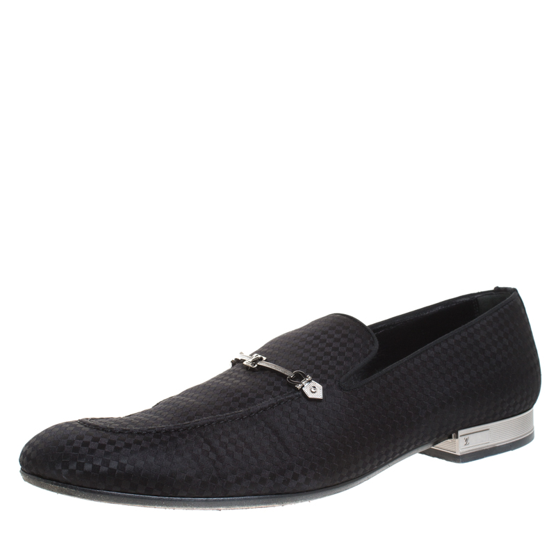 Pre Owned Louis Vuitton Black Satin Bank Slip On Loafers Size 43.5