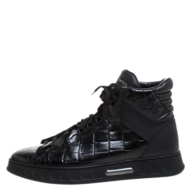 

Louis Vuitton Black Croc Embossed Leather Lace High Top Sneakers Size