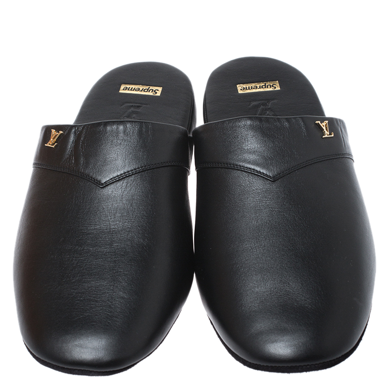 Louis Vuitton x Supreme Black Leather Hugh Flat Slippers Size 39 Louis  Vuitton