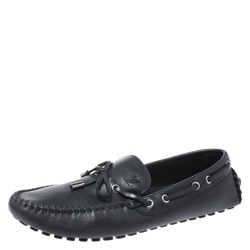 Pre Owned Louis Vuitton Black Leather Bow Slip On Loafers Size 42