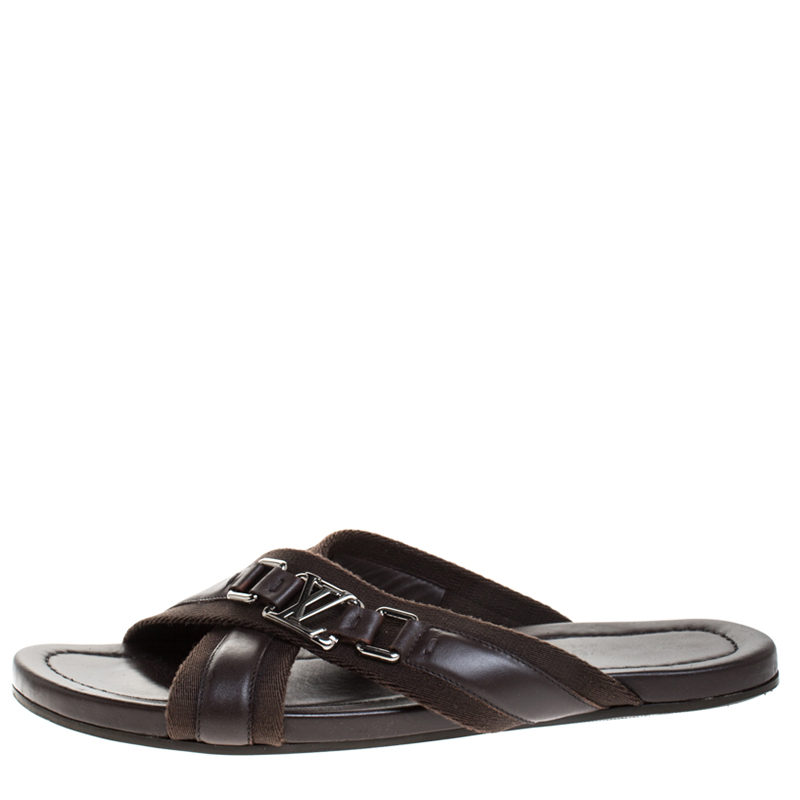 

Louis Vuitton Brown Fabric And Leather Criss-Cross Flat Sandals Size