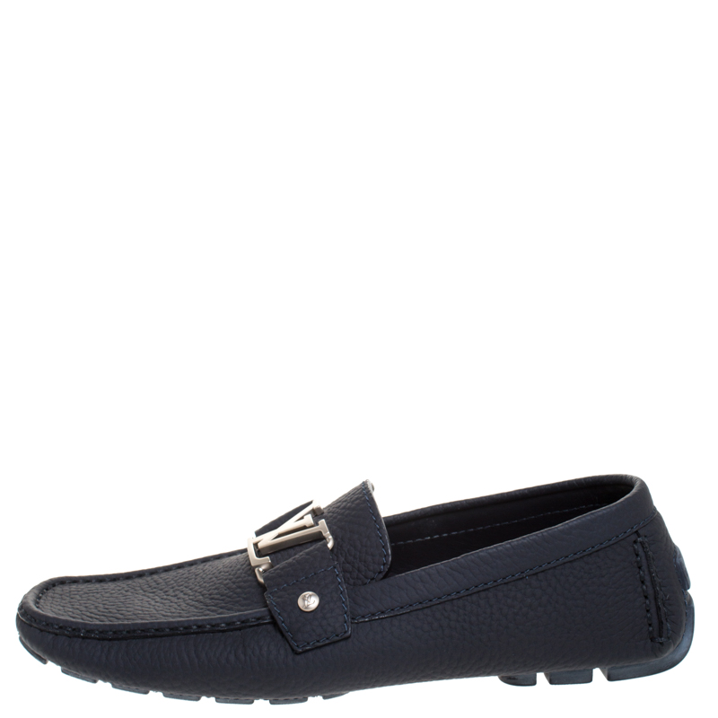 

Louis Vuitton Dark Blue Textured Leather Montaigne Slip On Loafers Size