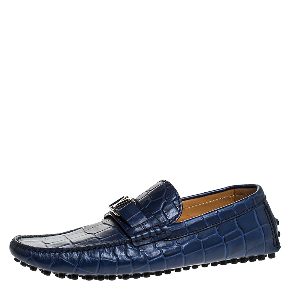 Louis Vuitton Blue Croc Embossed Leather Monte Carlo Loafers Size 41