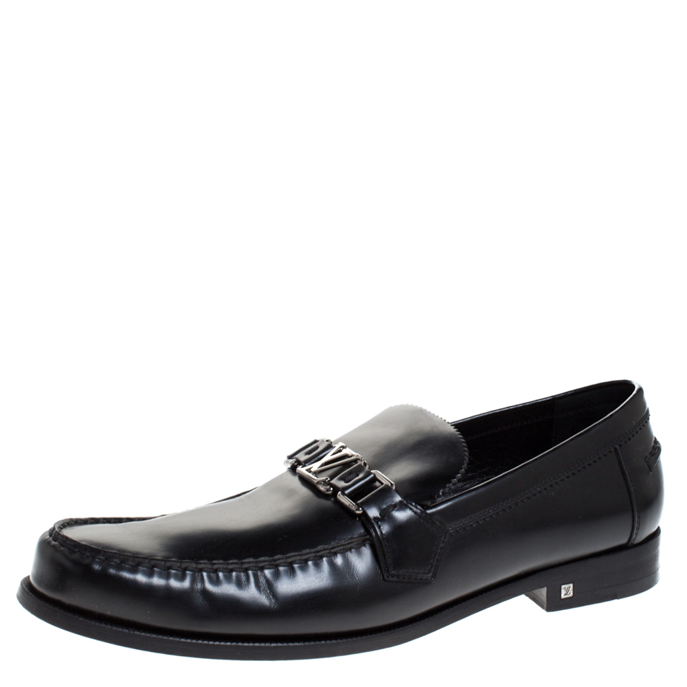 Pre Owned Louis Vuitton Black Leather Logo Detail Loafers Size 44