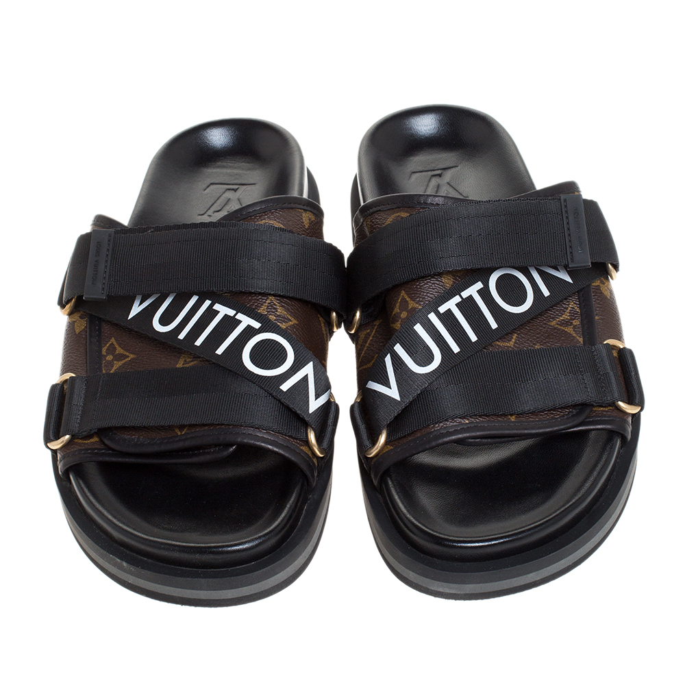Louis Vuitton Brown/Black Monogram Canvas And Nylon Honolulu Flat Sandals Size 42.5 Louis ...