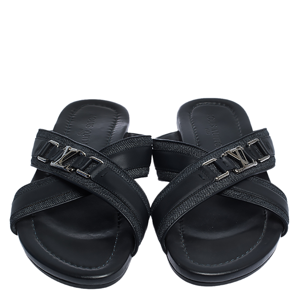 Louis Vuitton Black Leather And Denim Cross Strap Sandals Size 42.5 Louis  Vuitton
