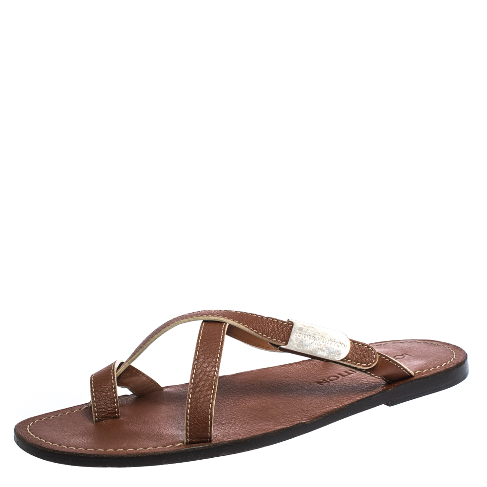 Pre Owned Louis Vuitton Tan Leather Toe Ring Criss Cross Flats Size 41.5