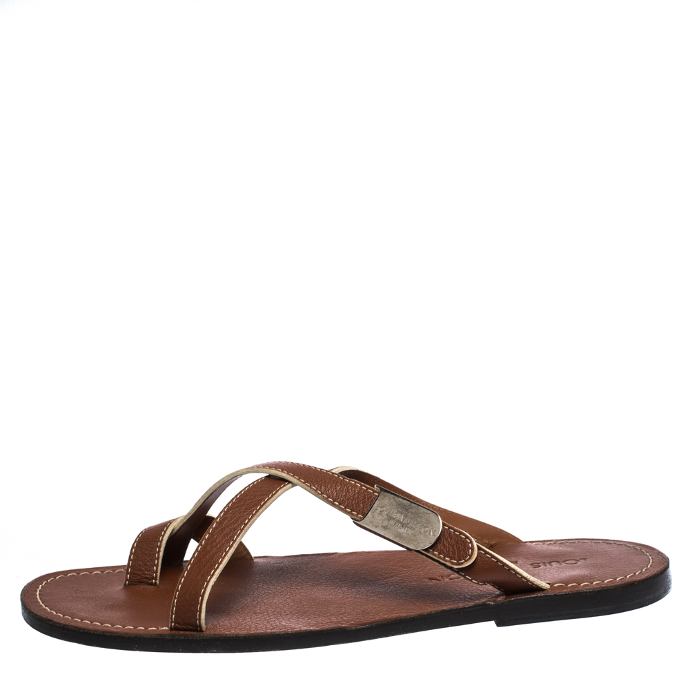

Louis Vuitton Tan Leather Toe Ring Criss Cross Flats Size