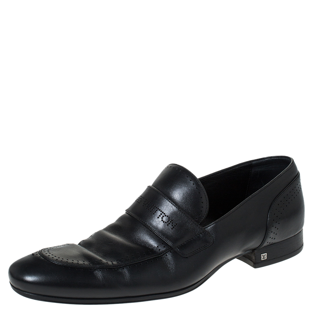 Pre Owned Louis Vuitton Black Logo Perforated Leather Slip On Loafers Size 43