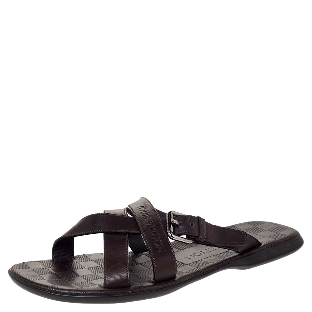 مملوكة مسبقًا Louis Vuitton Brown Leather Cross Strap Flat Slides Size 41