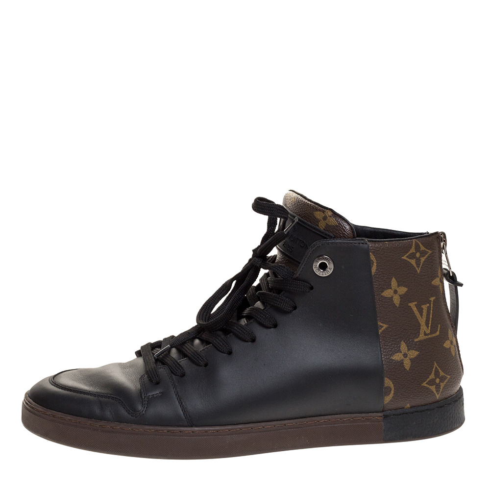 

Louis Vuitton Black Leather And Monogram Canvas High Top Sneakers Size