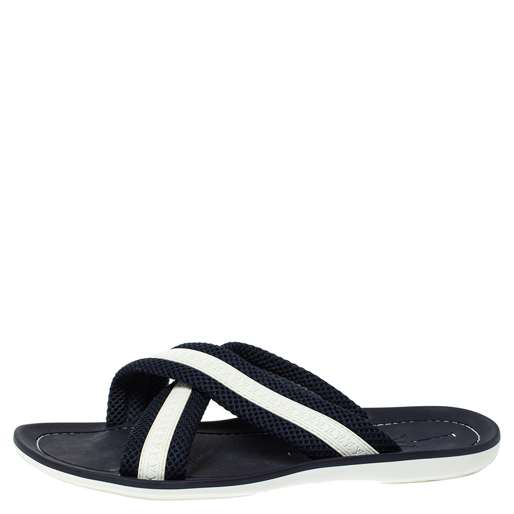 

Louis Vuitton Blue/White Canvas And Rubber Trim Cross Strap Flat Slides Size