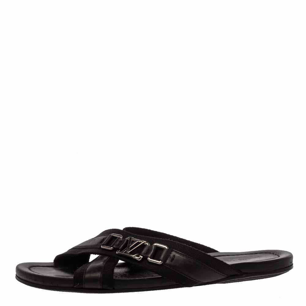 

Louis Vuitton Black Leather And Canvas Criss-Cross Flat Sandals Size