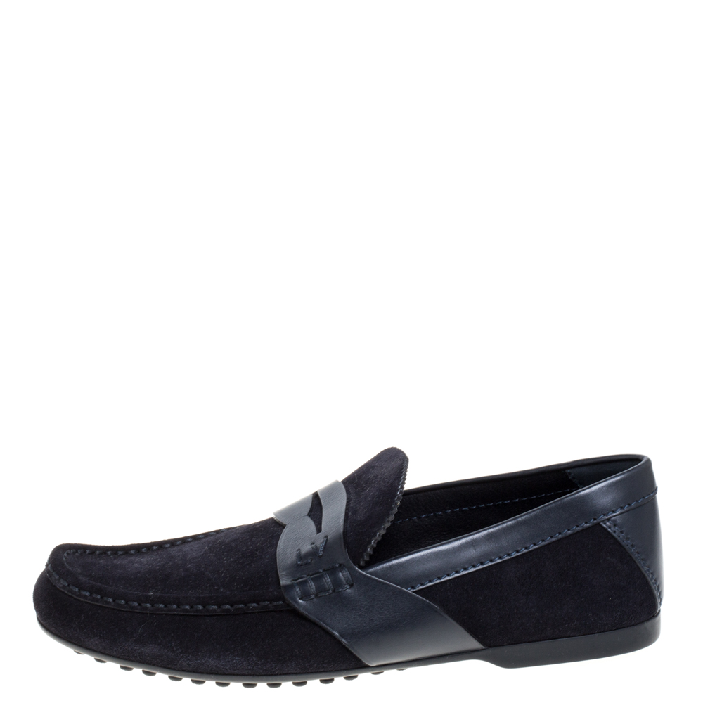 

Louis Vuitton Navy Blue Suede and Leather Slip On Loafers Size