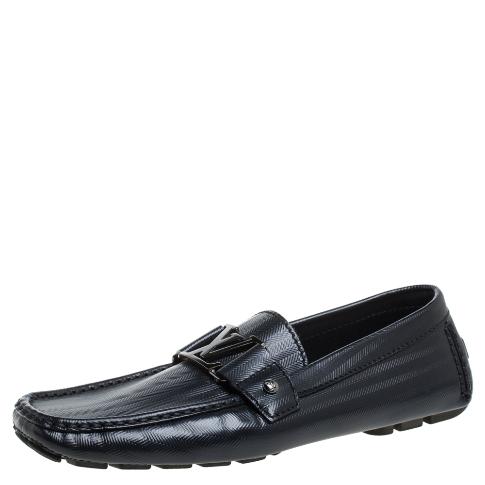 Pre Owned Louis Vuitton Navy Blue Leather Monte Carlo Loafers Size 41.5