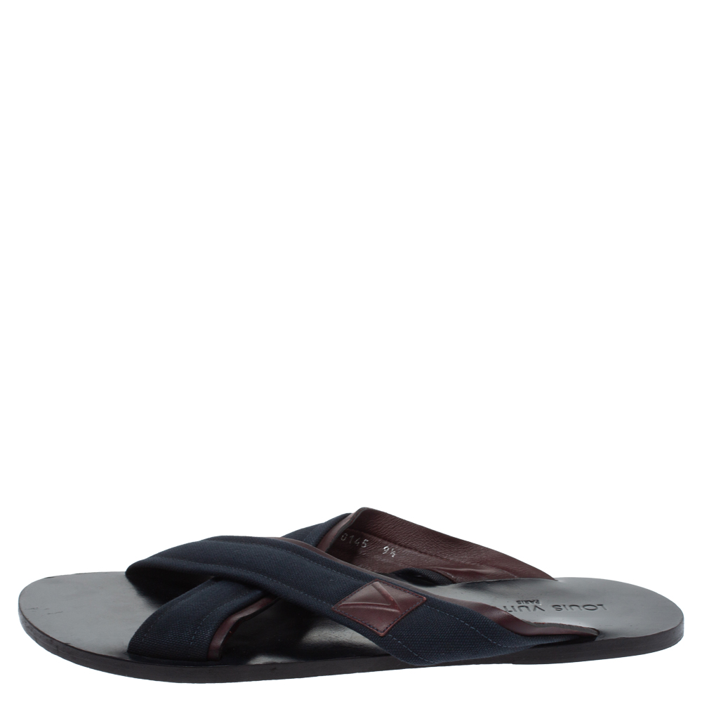 

Louis Vuitton Blue Canvas And Brown Leather Trim Cross Strap Flat Slides Size