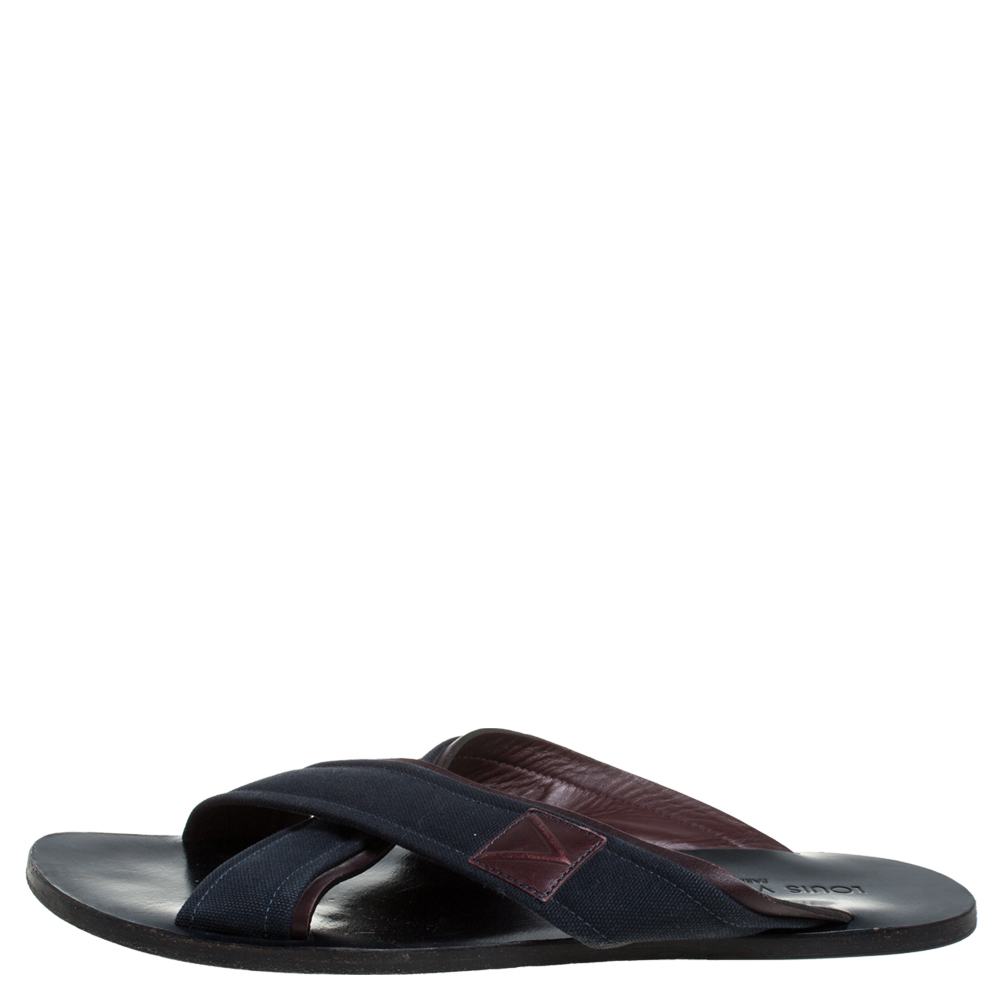 

Louis Vuitton Blue/Brown Canvas And Leather Trim Cross Strap Flat Slides Size