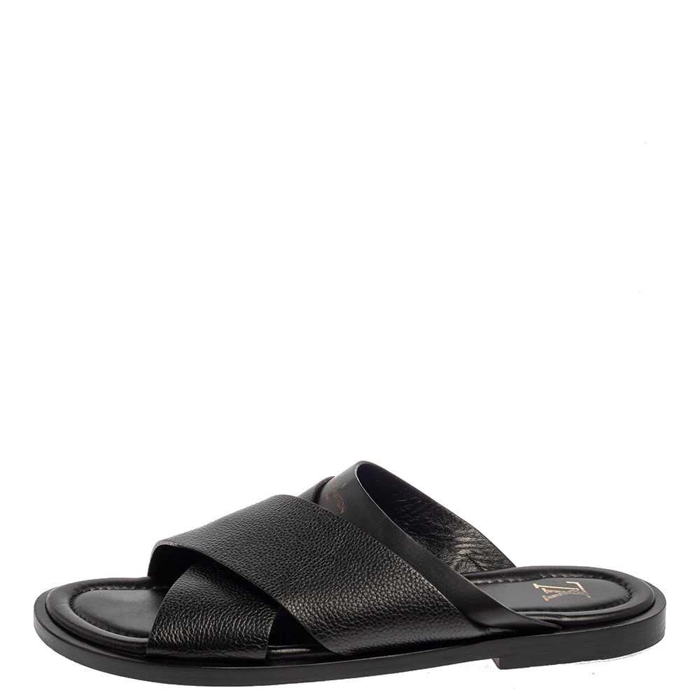 

Louis Vuitton Black Leather Foch Cross Strap Flat Slides Size