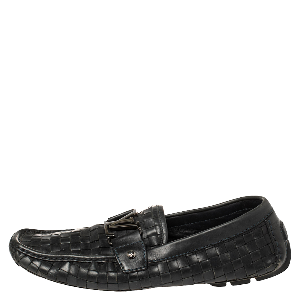 

Louis Vuitton Navy Blue Woven Leather Monte Carlo Loafers Size