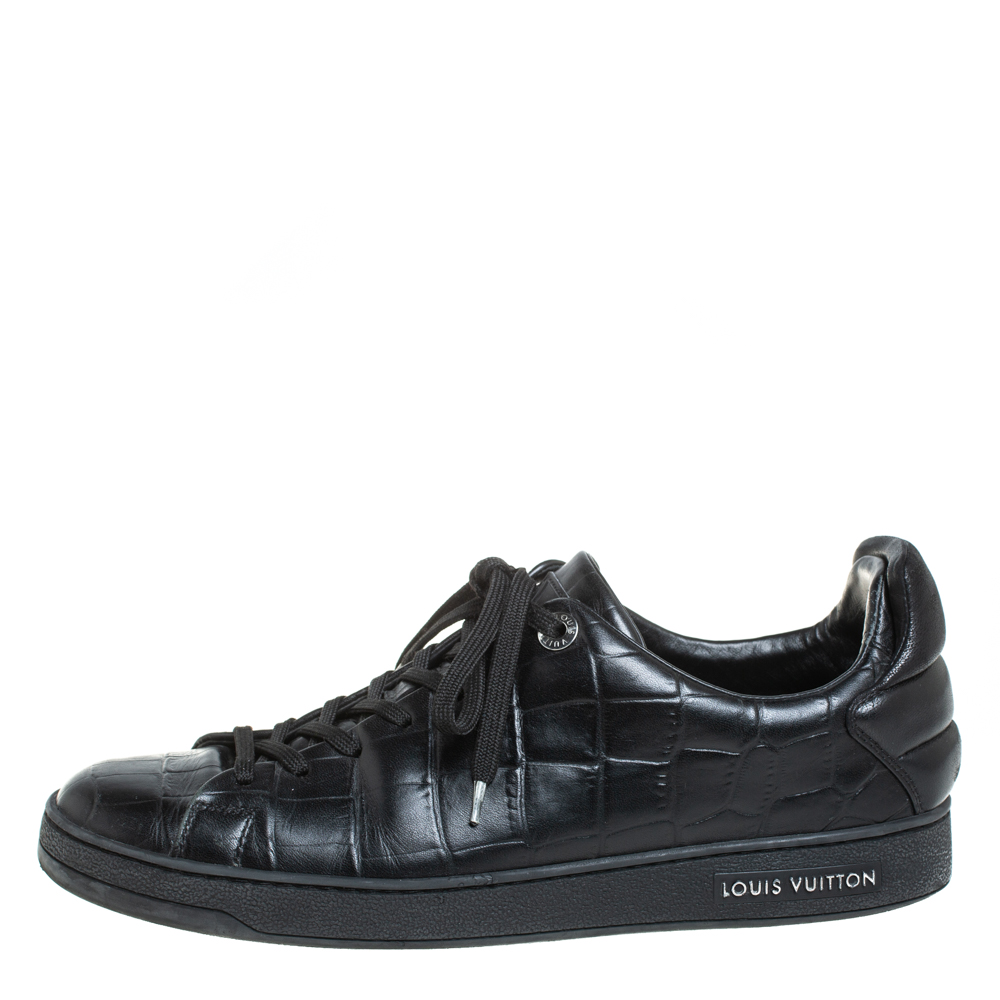 

Louis Vuitton Black Croc Embossed Leather Front Row Lace Up Sneakers Size