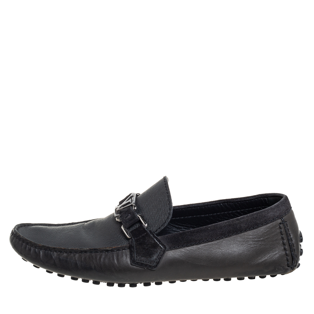

Louis Vuitton Dark Grey/Black Leather And Suede Hockenheim Slip On Loafers Size