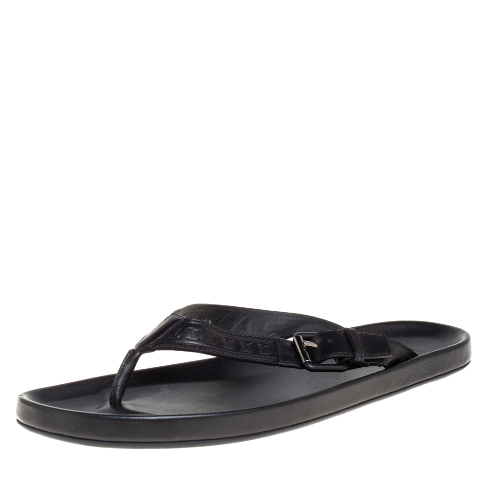 Pre-owned Louis Vuitton Black Monogram Embossed Leather Thong Flat Sandals Size 43.5