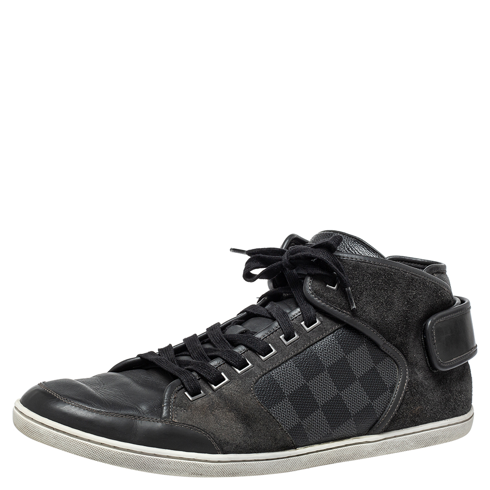 Pre-owned Louis Vuitton Black Damier Graphite Canvas And Dark Grey Suede High Top Sneakers Size 44.5