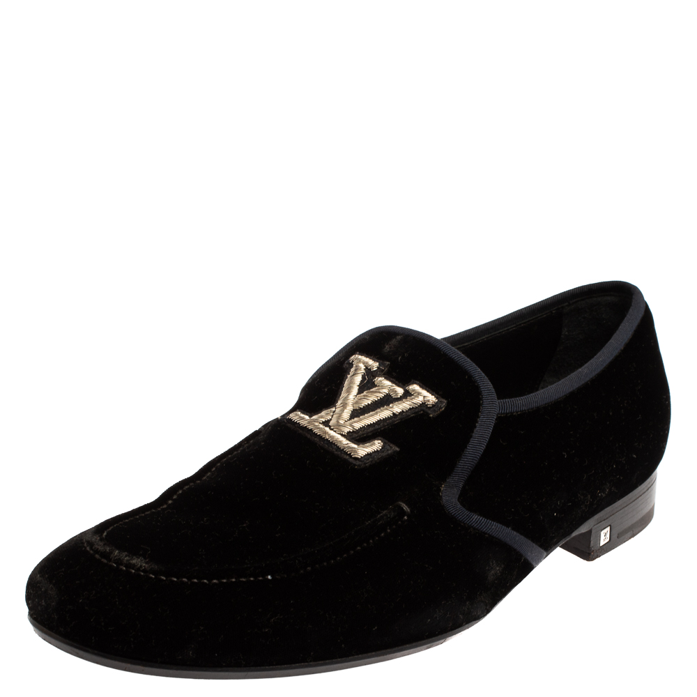 Pre-owned Louis Vuitton Black Velvet Logo Embroidered Slip On Loafers Size 42.5